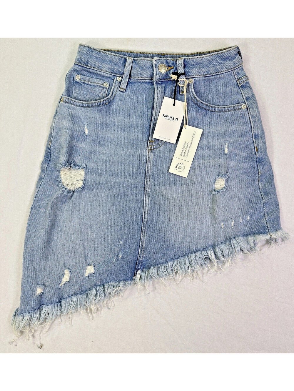 Forever 21 Distressed Assymetrical Denim Mini Skirt Women XS Blue Frayed NWT